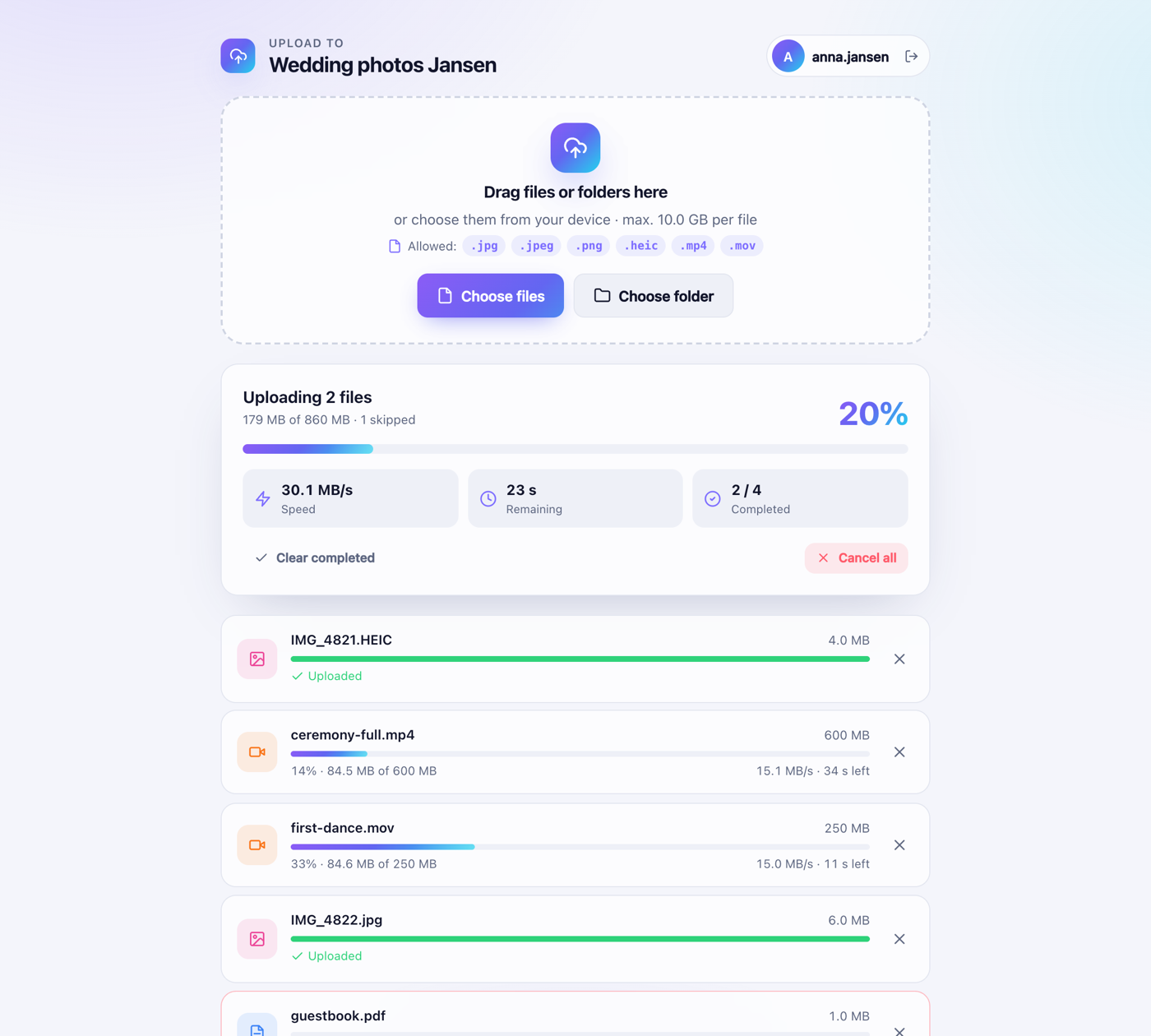 Upload page with progress bar and upload speed